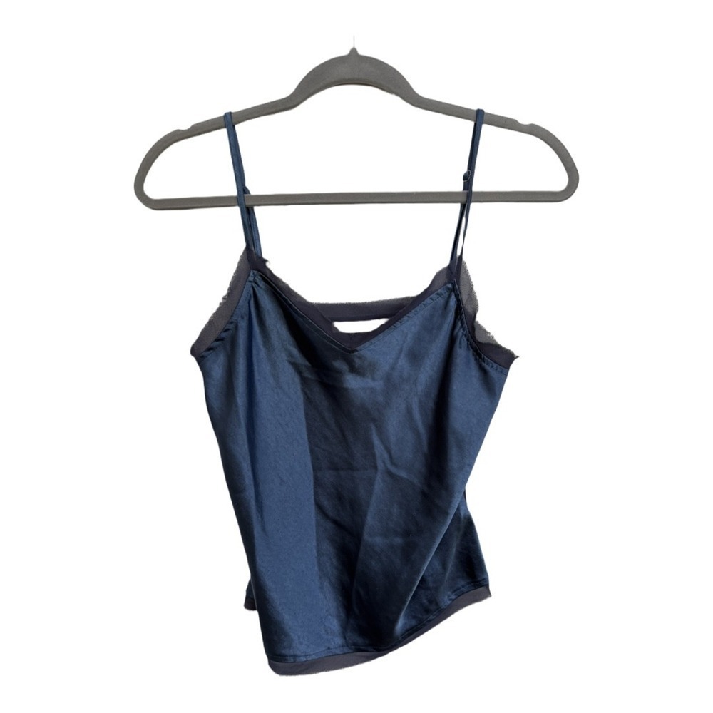 Ellison Slip Satin Lace Trim Tank Cami VNeck Blue Size Small